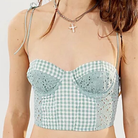 NWT urban outfitters corset top green white gingham eyelet crop bustier cami tie - Picture 1 of 3